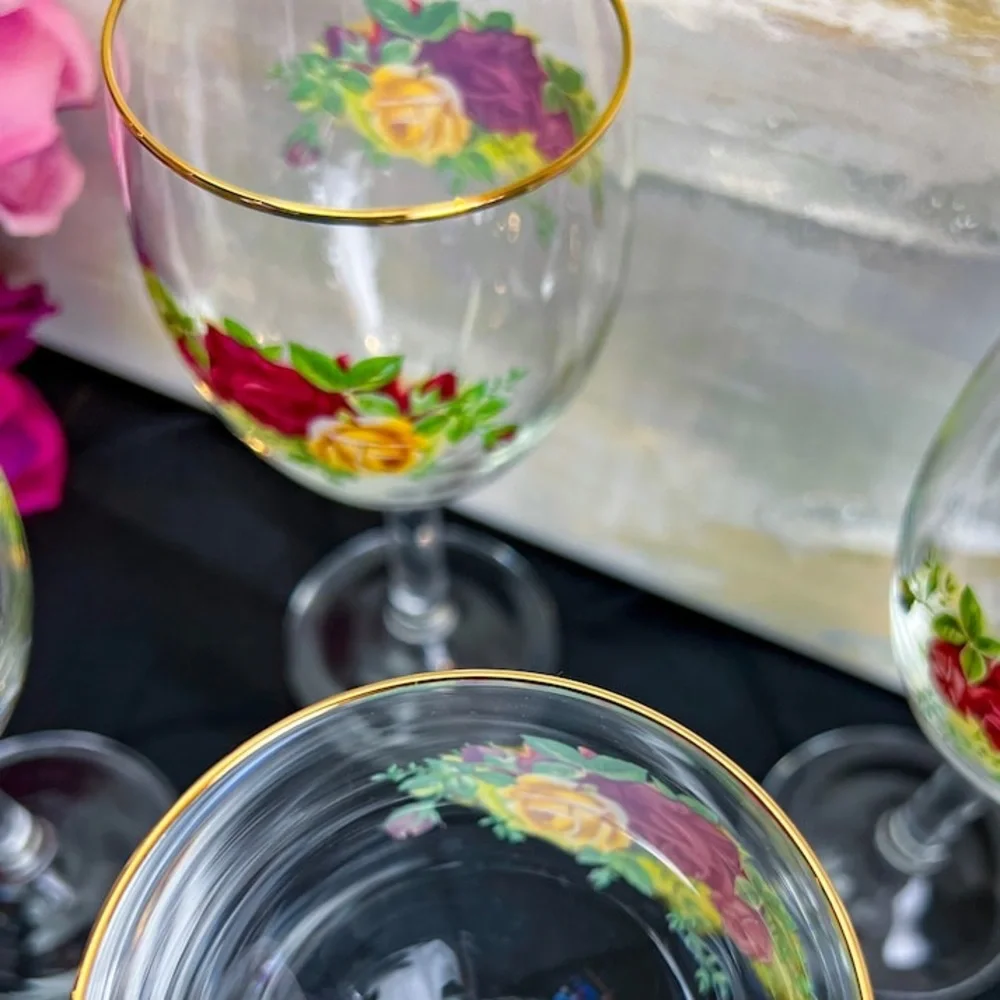 Vintage Royal Albert Old Country Roses Wine Glass Set Barware Burgundy Gold Rim